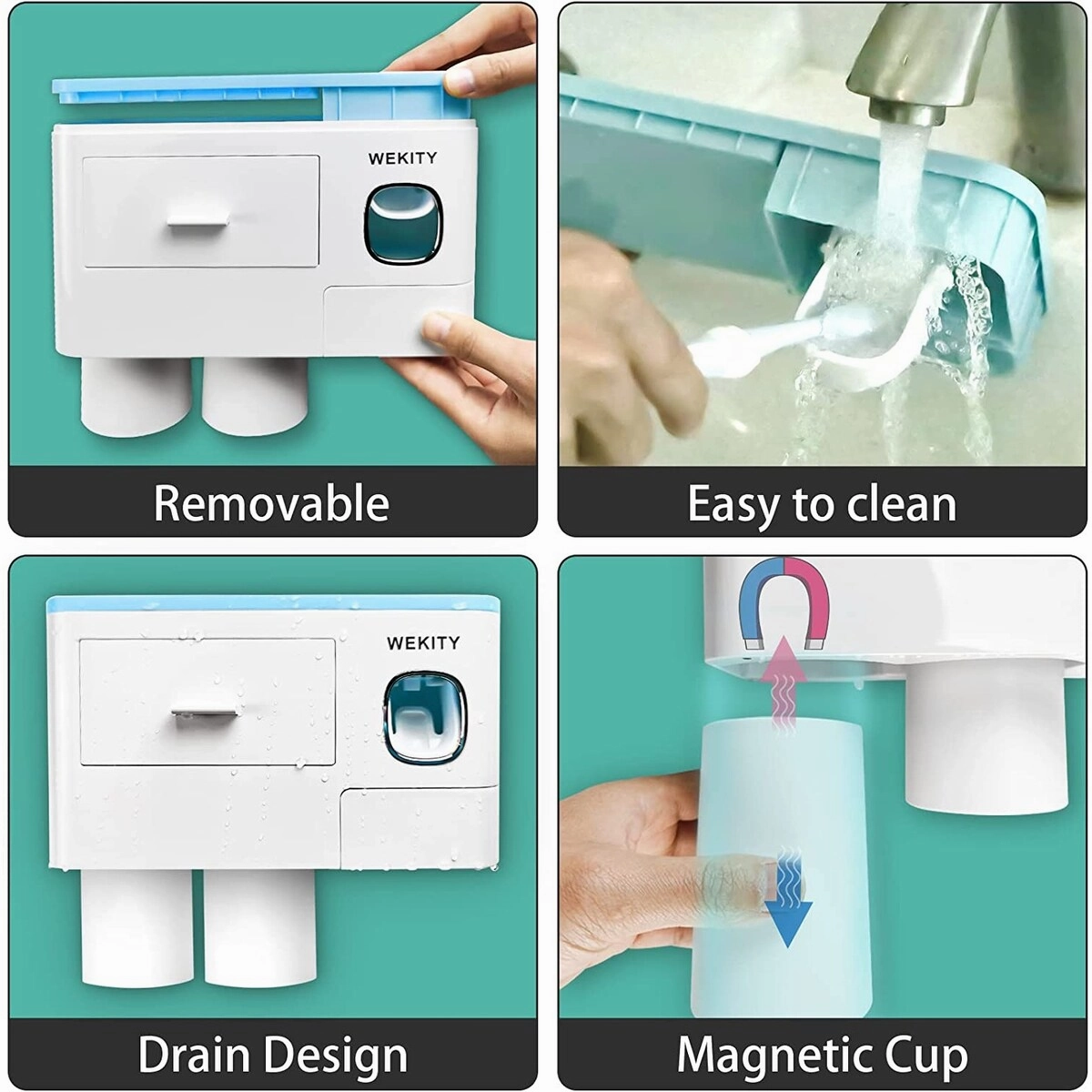 Multifunctional Wall-Mounted Toothbrush Holder With 2 Cups and Drawers Cosmetic Organizer(Blue) - Blue