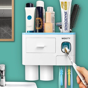 Multifunctional Wall-Mounted Toothbrush Holder With 2 Cups and Drawers Cosmetic Organizer(Blue) - Blue toothbrush holder,bathroom cup,bathroom organizer