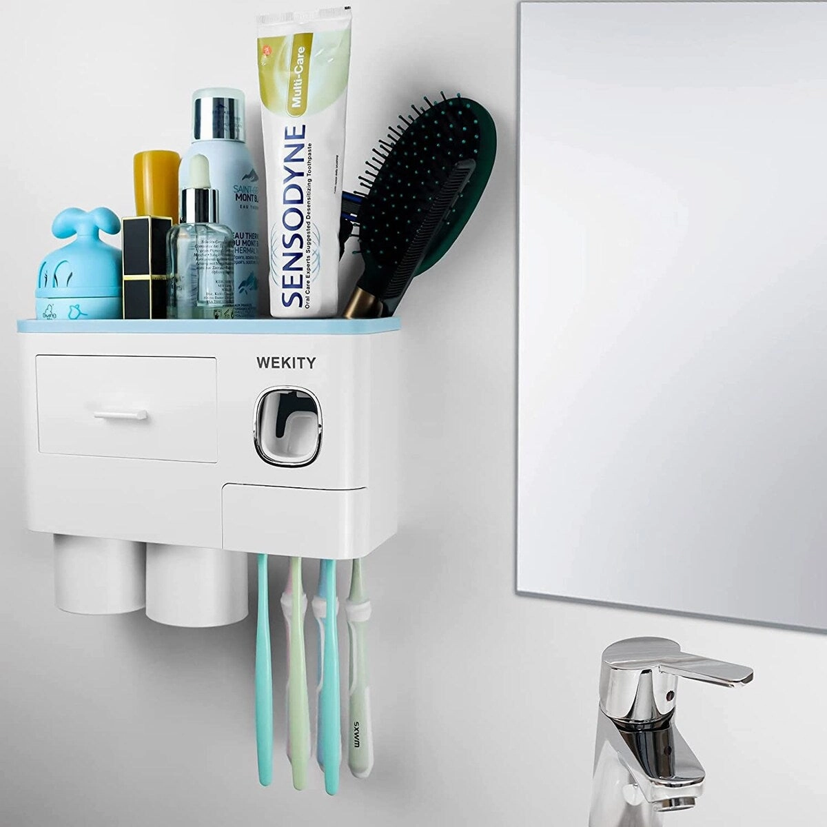 Multifunctional Wall-Mounted Toothbrush Holder With 2 Cups and Drawers Cosmetic Organizer(Blue) - Blue