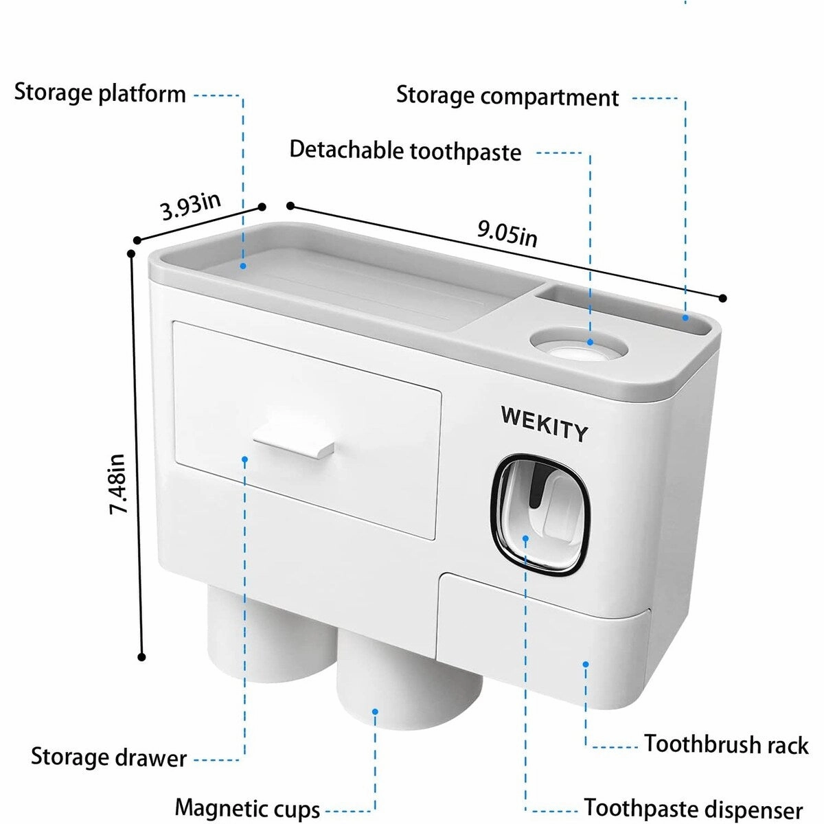 Multifunctional Wall-Mounted Toothbrush Holder, with 2 Cups and Drawers Cosmetic Organizer(Grey) - Grey