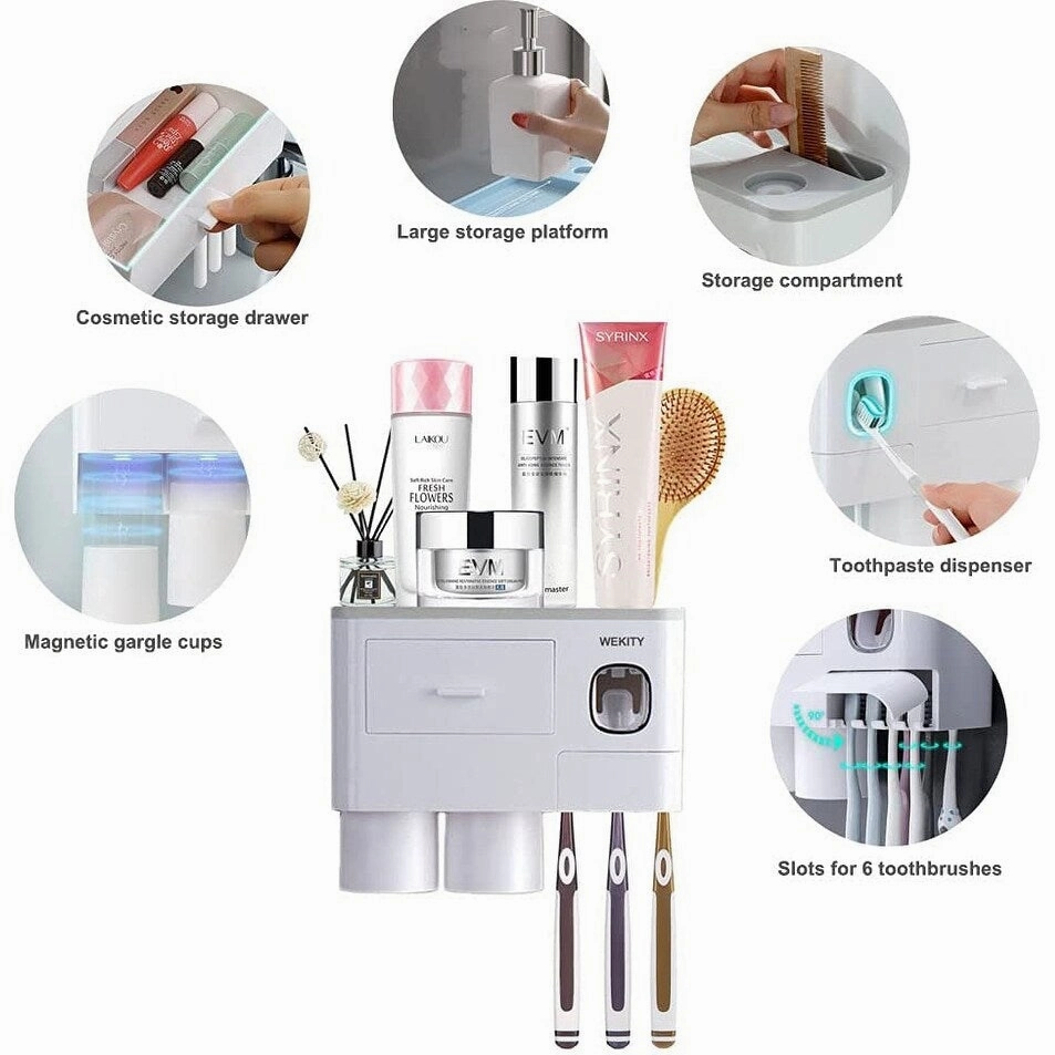 Multifunctional Wall-Mounted Toothbrush Holder, with 2 Cups and Drawers Cosmetic Organizer(Grey) - Grey
