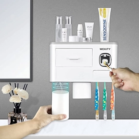 Multifunctional Wall-Mounted Toothbrush Holder, with 2 Cups and Drawers Cosmetic Organizer(Grey) - Grey toothbrush holder,bathroom cup,bathroom organizer