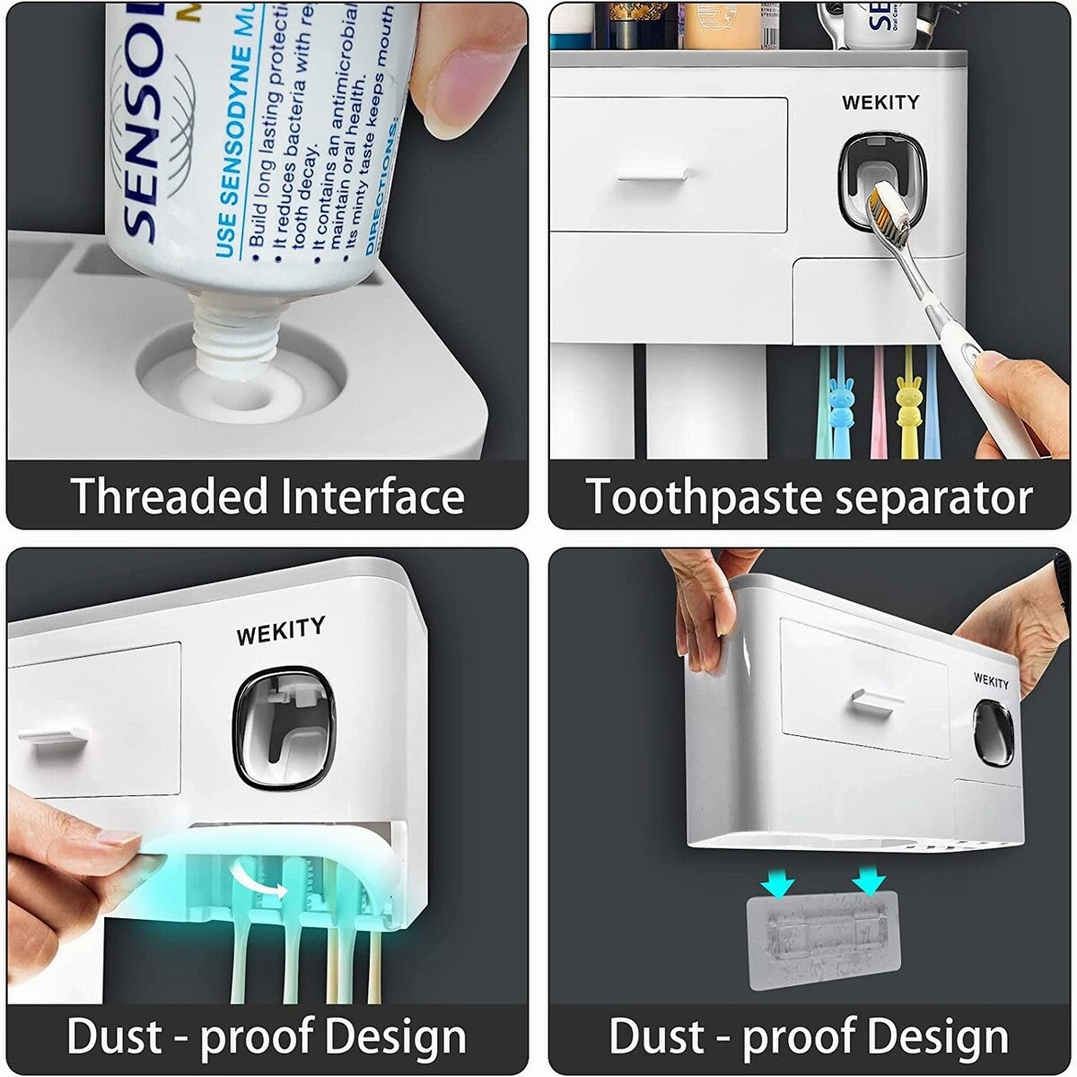 Multifunctional Wall-Mounted Toothbrush Holder, with 2 Cups and Drawers Cosmetic Organizer(Grey) - Grey