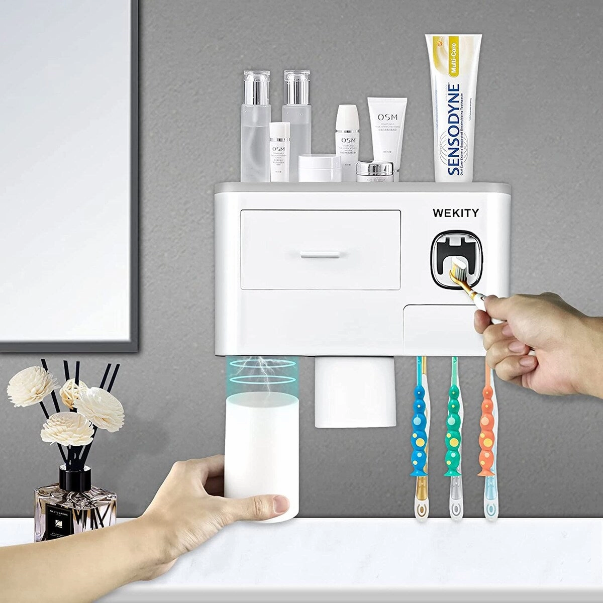 Multifunctional Wall-Mounted Toothbrush Holder, with 2 Cups and Drawers Cosmetic Organizer(Grey) - Grey toothbrush holder,bathroom cup,bathroom organizer