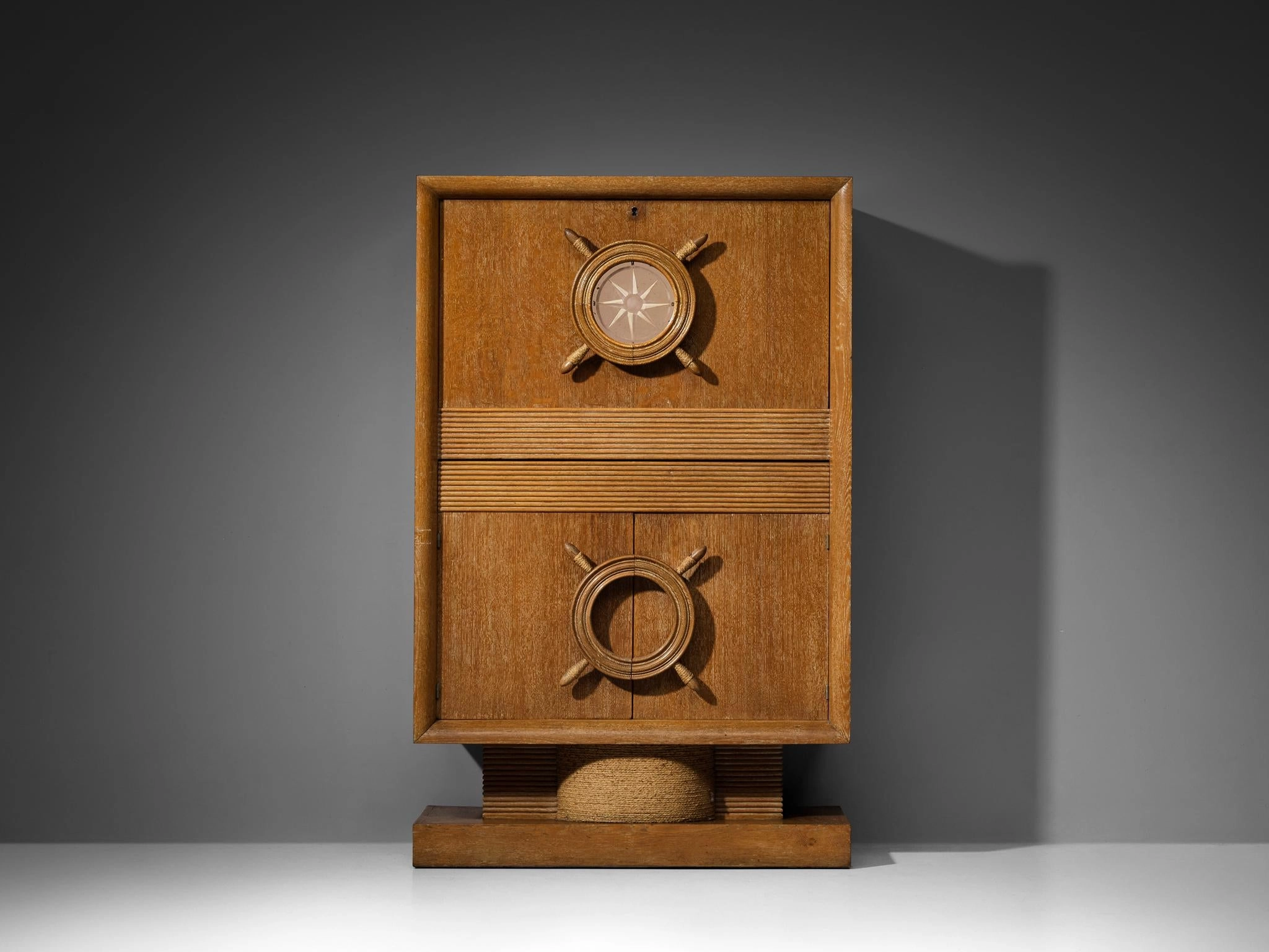 Nautical Bar Cabinet in Oak in Style of Charles Dudouyt