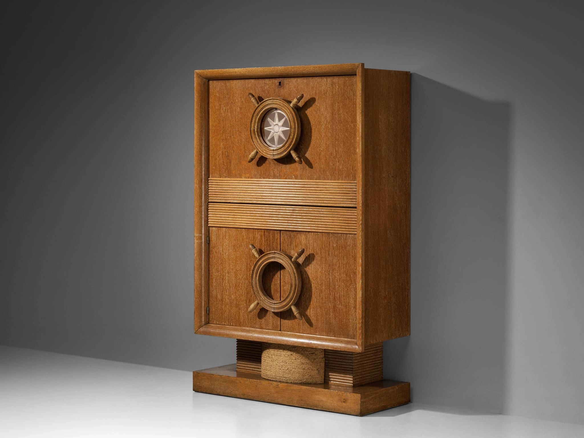 Nautical Bar Cabinet in Oak in Style of Charles Dudouyt storage cabinet,organizer,furniture storage