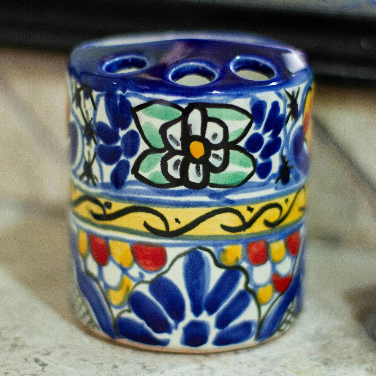 Novica Handmade Cobalt Flowers Ceramic Toothbrush Holder - Blue