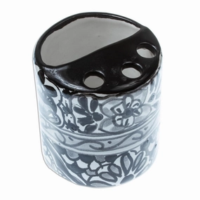 Novica Handmade Monochrome Flowers Ceramic Toothbrush Holder - Black toothbrush holder,bathroom cup,bathroom organizer