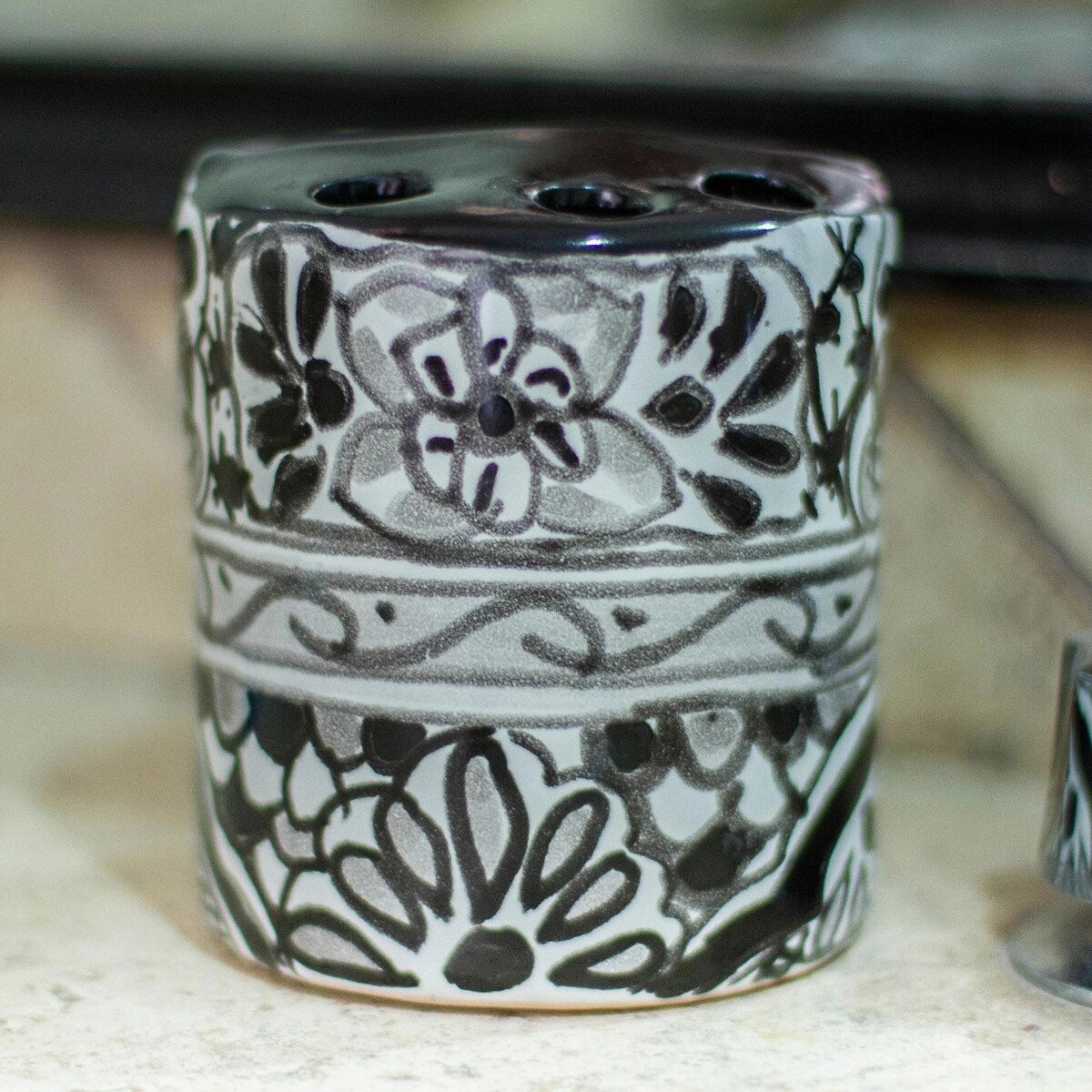 Novica Handmade Monochrome Flowers Ceramic Toothbrush Holder - Black