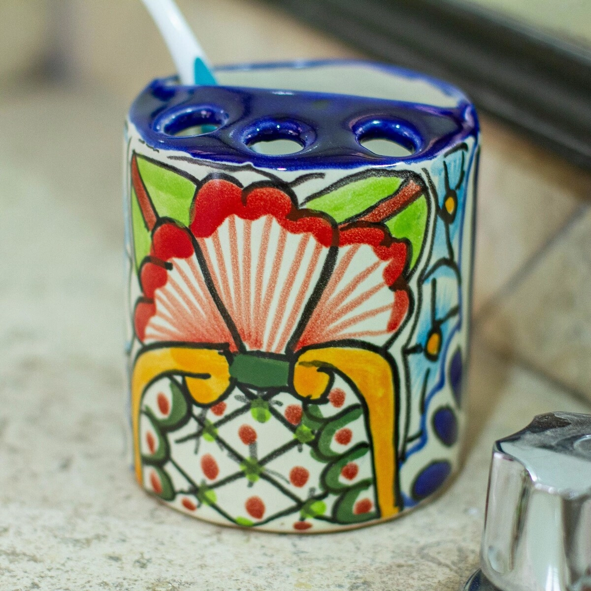 Novica Handmade Talavera Bouquet Ceramic Toothbrush Holder - Multicolor