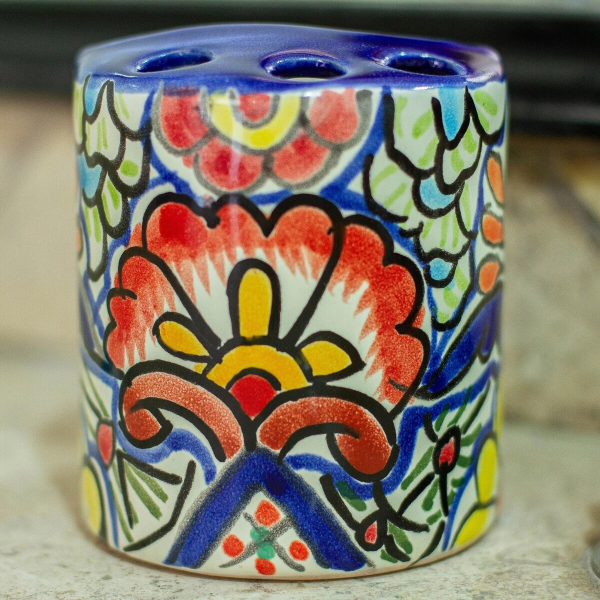 Novica Handmade Talavera Flowers Ceramic Toothbrush Holder - `