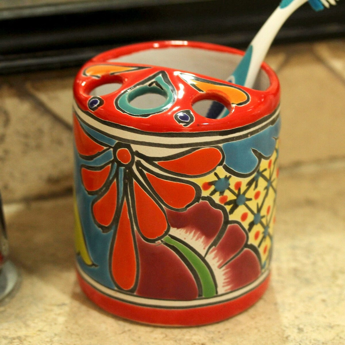 Novica Handmade Talavera Hygiene Ceramic Toothbrush Holder - Multi
