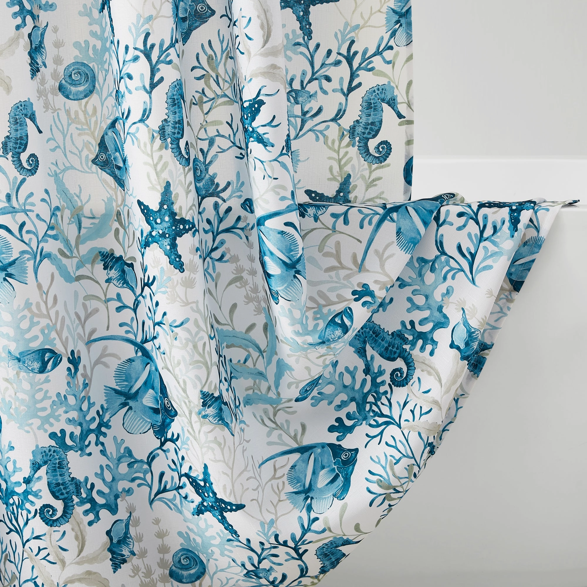 Oceana Watercolor Sea Life Linen Textured Shower Curtain