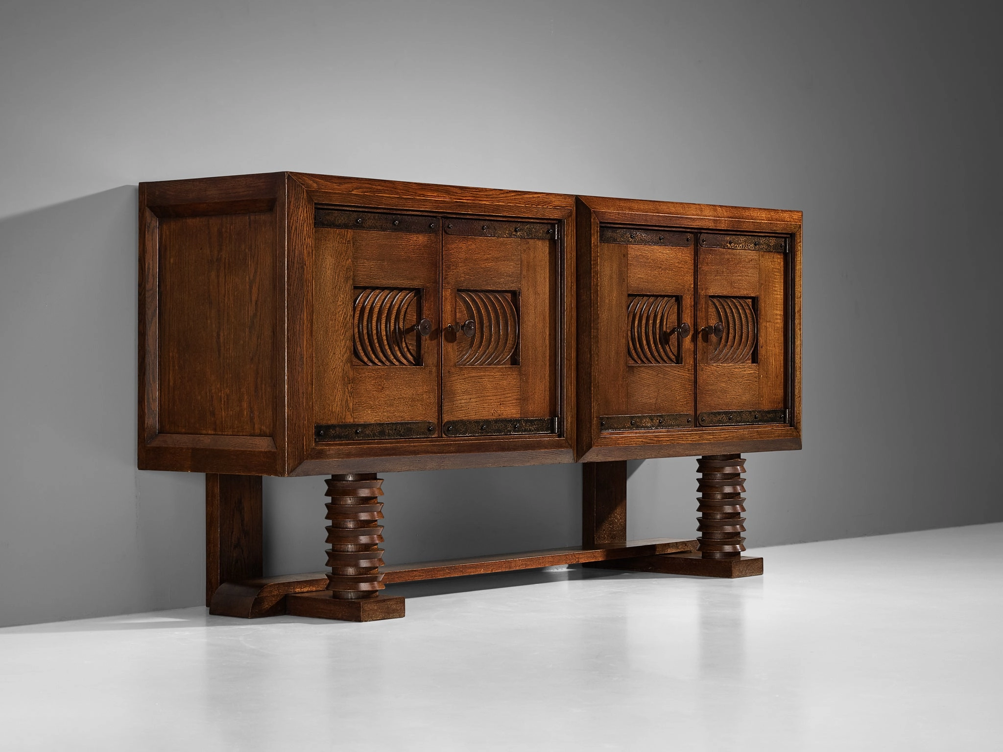 Parisian Art Deco Sideboard in Solid Oak with Iron Elements