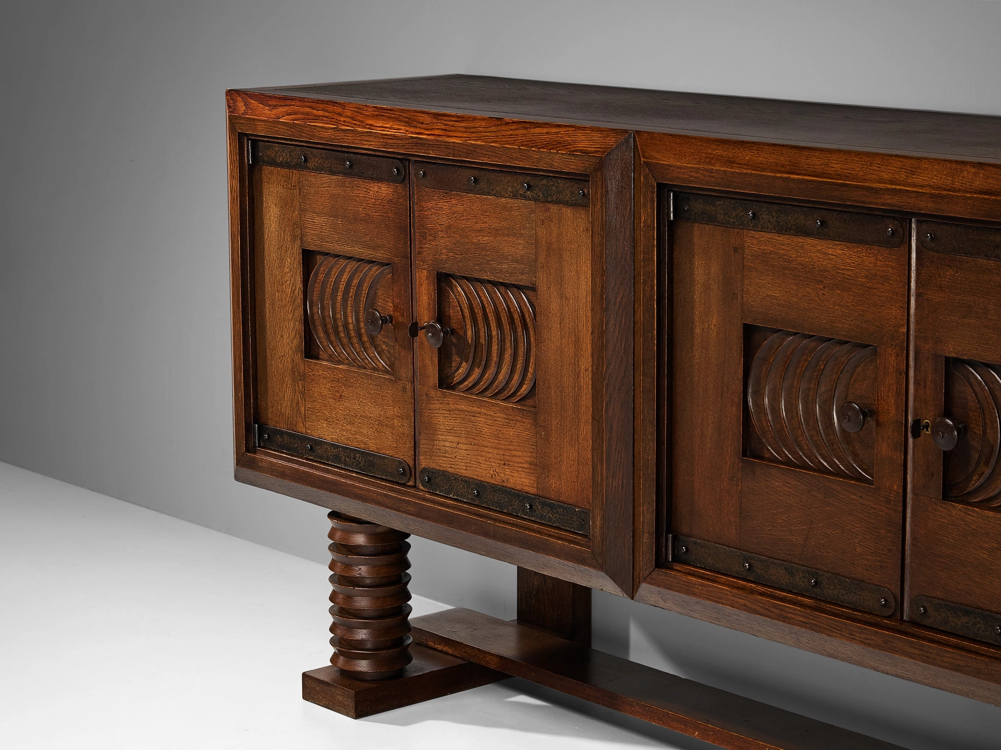Parisian Art Deco Sideboard in Solid Oak with Iron Elements