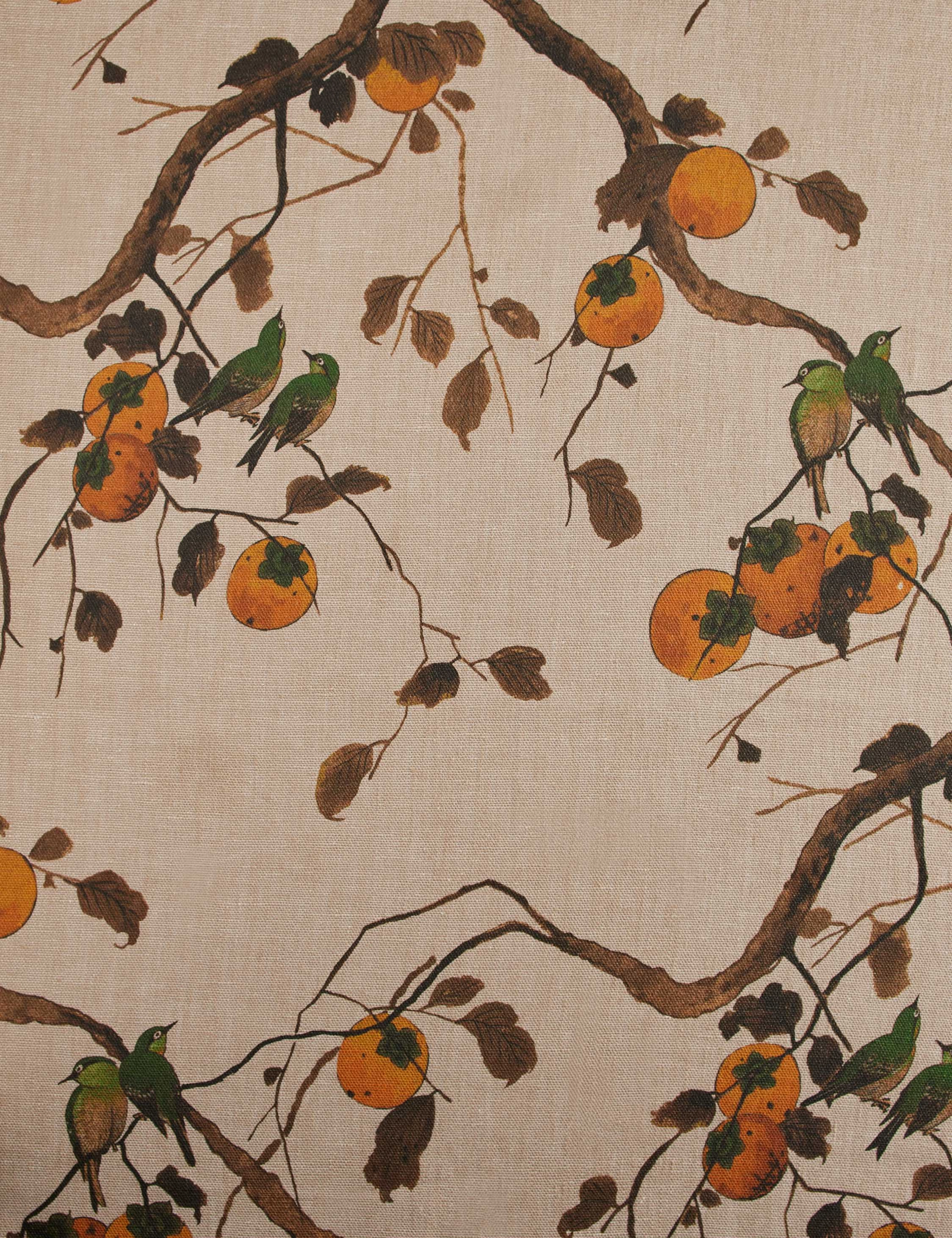 Persimmon Birds Flax Linen Fabric by Nathan Turner
