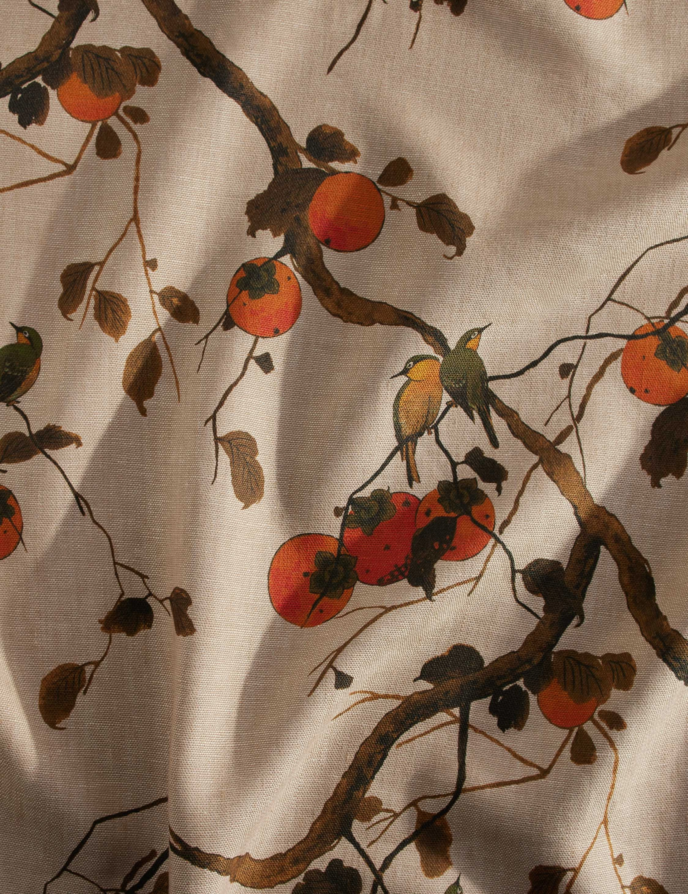 Persimmon Birds Flax Linen Fabric by Nathan Turner