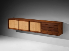 Phillip Lloyd Powell Long Wall-Mounted Sideboard in Walnut and Seagrass storage cabinet,organizer,furniture storage