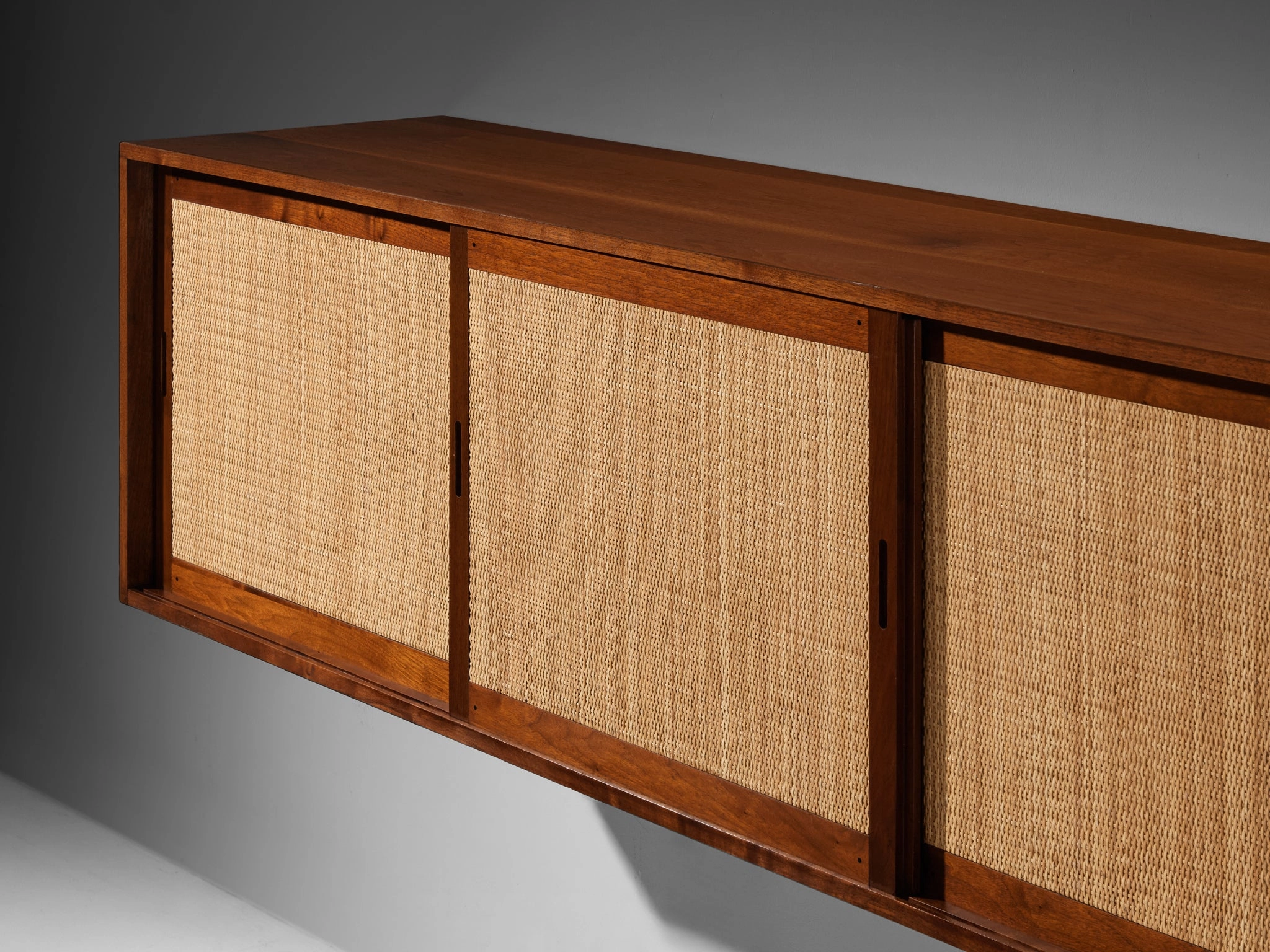 Phillip Lloyd Powell Long Wall-Mounted Sideboard in Walnut and Seagrass