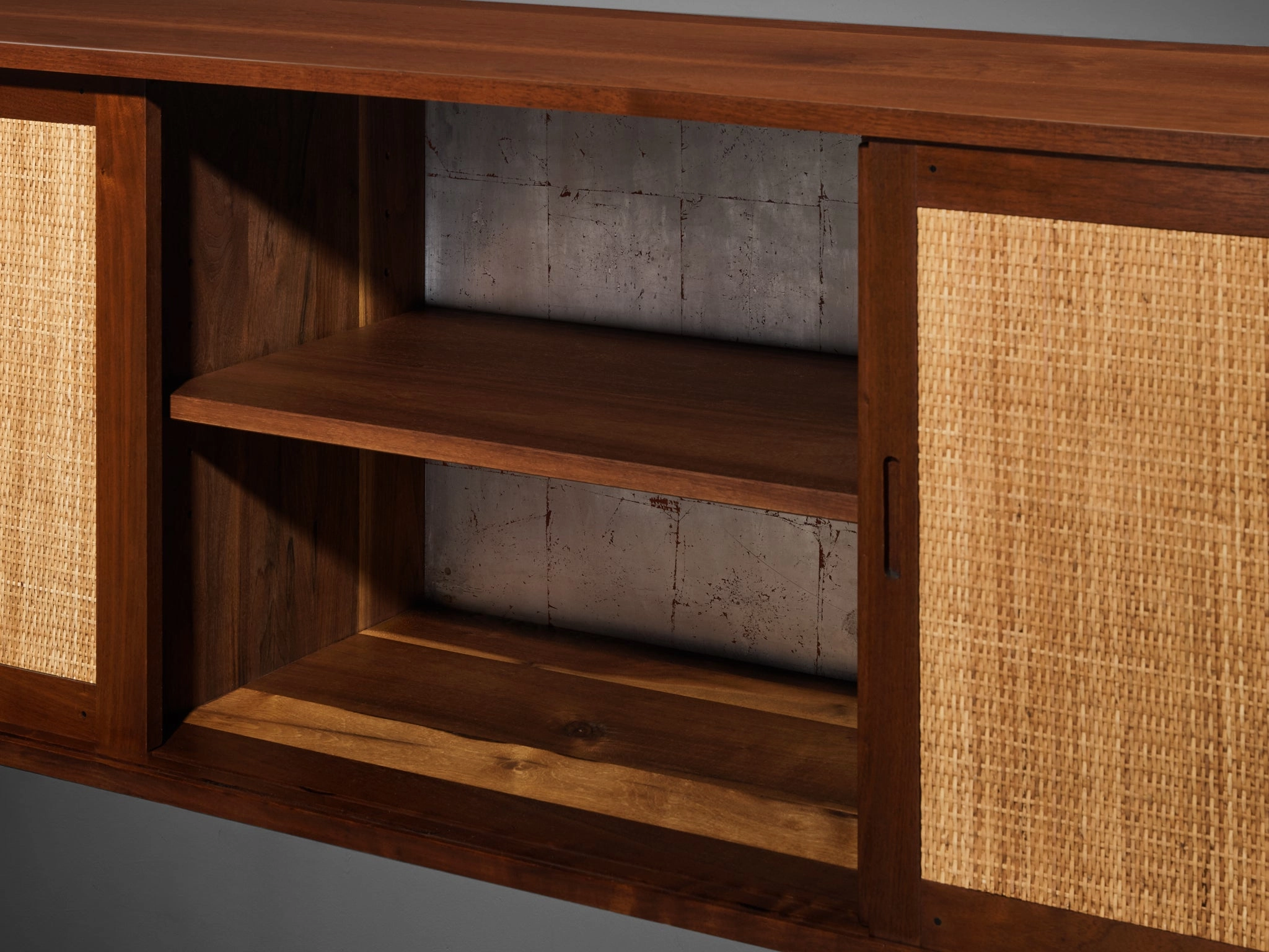 Phillip Lloyd Powell Long Wall-Mounted Sideboard in Walnut and Seagrass