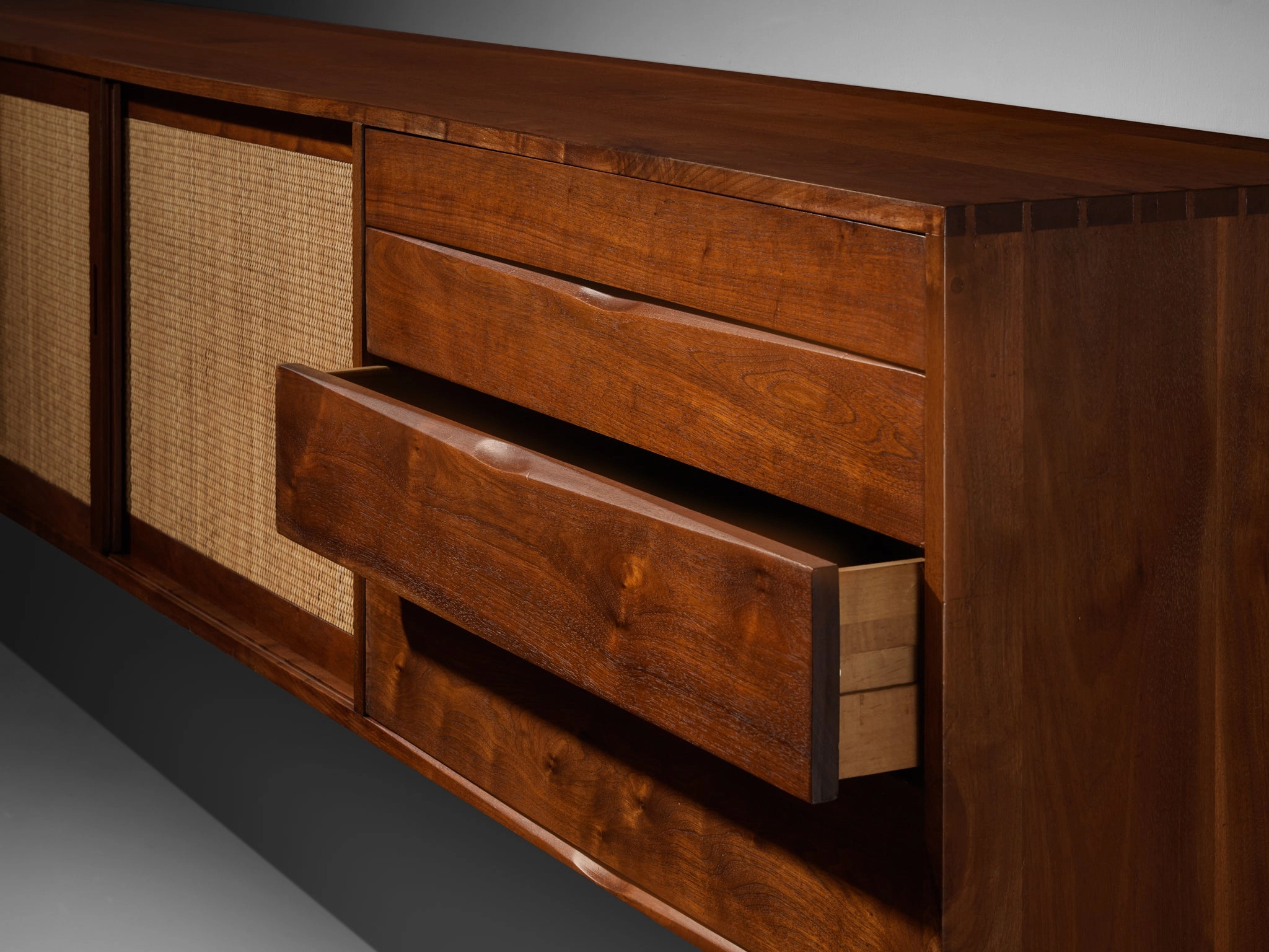 Phillip Lloyd Powell Long Wall-Mounted Sideboard in Walnut and Seagrass