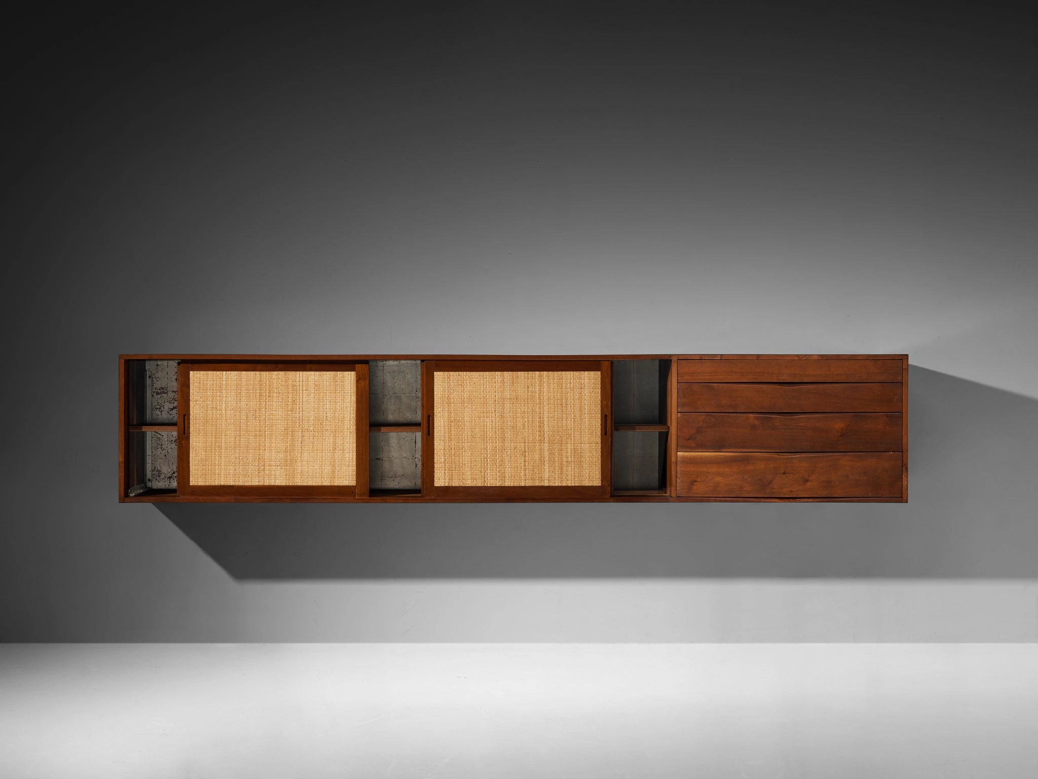 Phillip Lloyd Powell Long Wall-Mounted Sideboard in Walnut and Seagrass