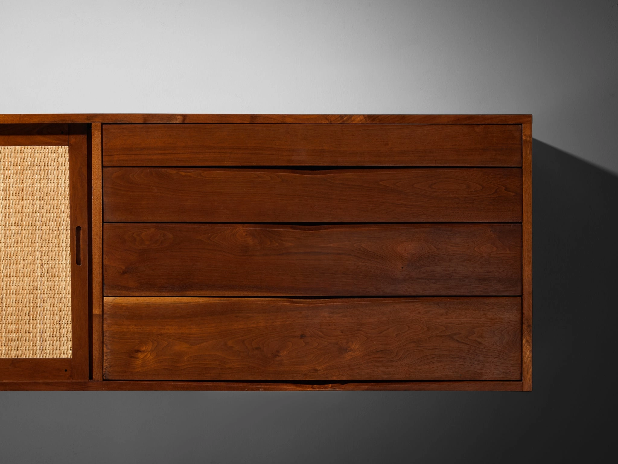 Phillip Lloyd Powell Long Wall-Mounted Sideboard in Walnut and Seagrass