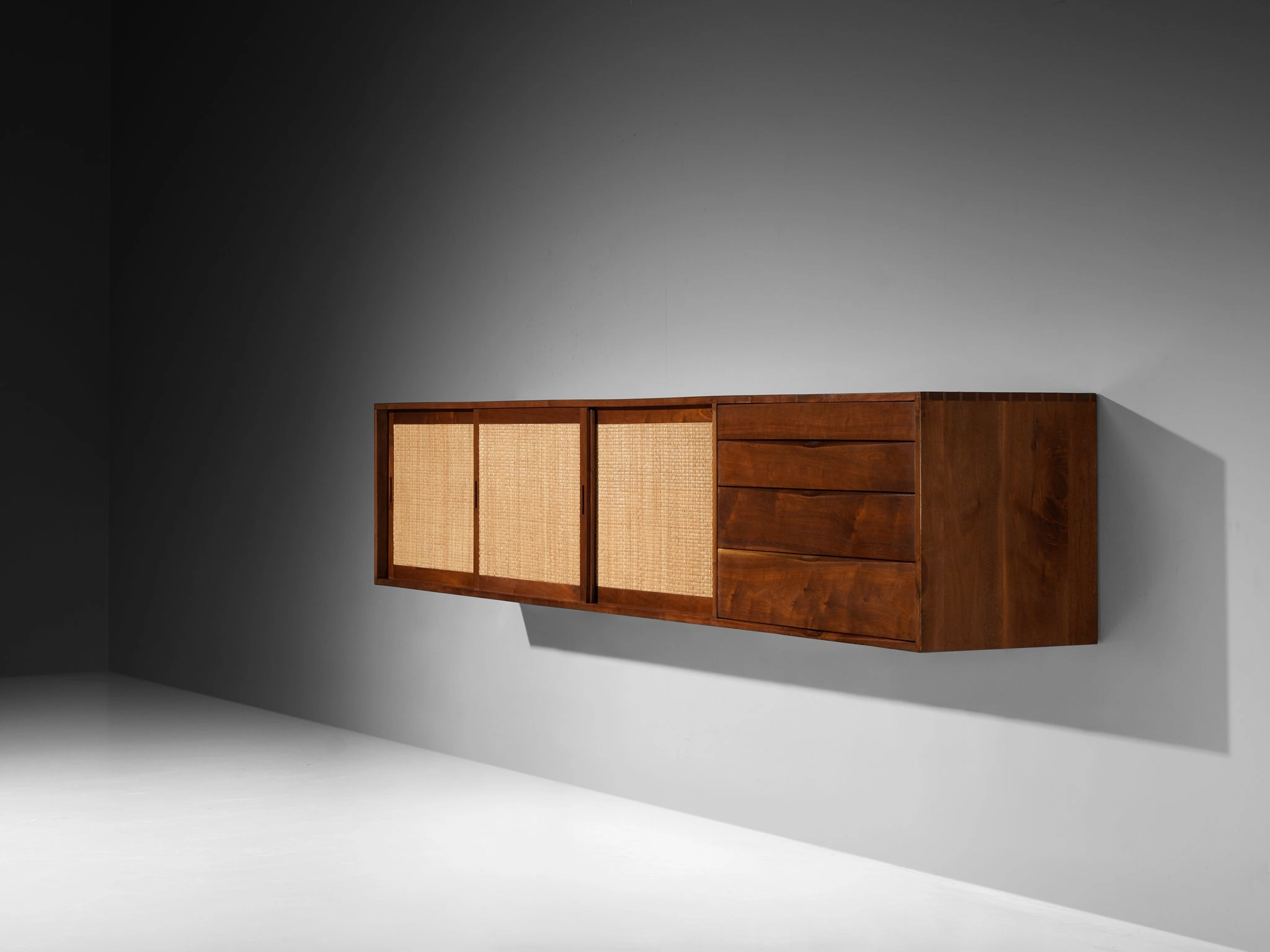 Phillip Lloyd Powell Long Wall-Mounted Sideboard in Walnut and Seagrass
