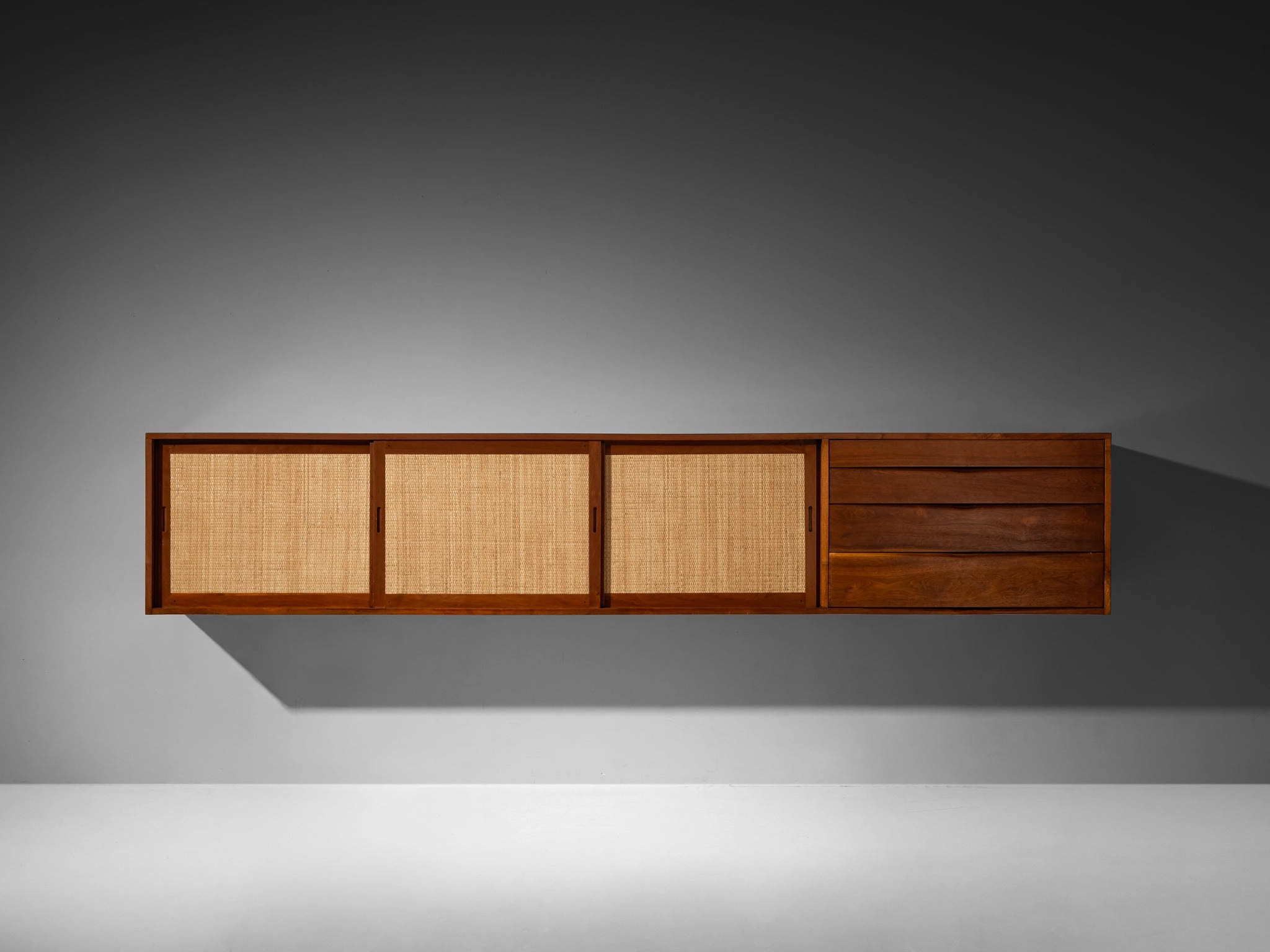 Phillip Lloyd Powell Long Wall-Mounted Sideboard in Walnut and Seagrass