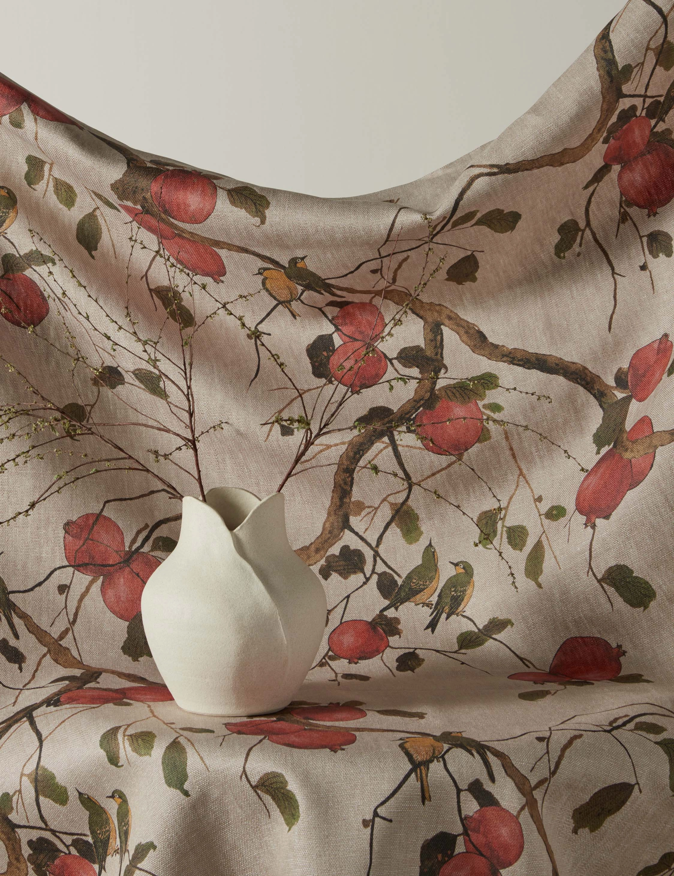 Pomegranate Birds Flax Linen Fabric by Nathan Turner home decor,home accents,interior accessories