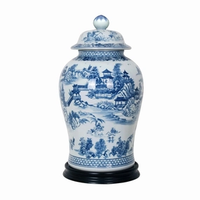 Porcelain Blue & White Chinoiserie Temple Jar with Black Base vase,flower vase,home decoration