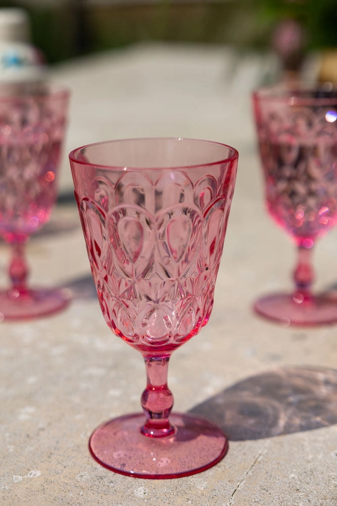 Pretty Embossed Pink Picnic Wine Glass