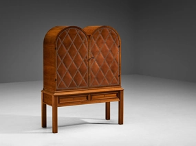 Rare Swedish Bar Cabinet in Walnut and Cognac Leather with Brass Nails storage cabinet,organizer,furniture storage