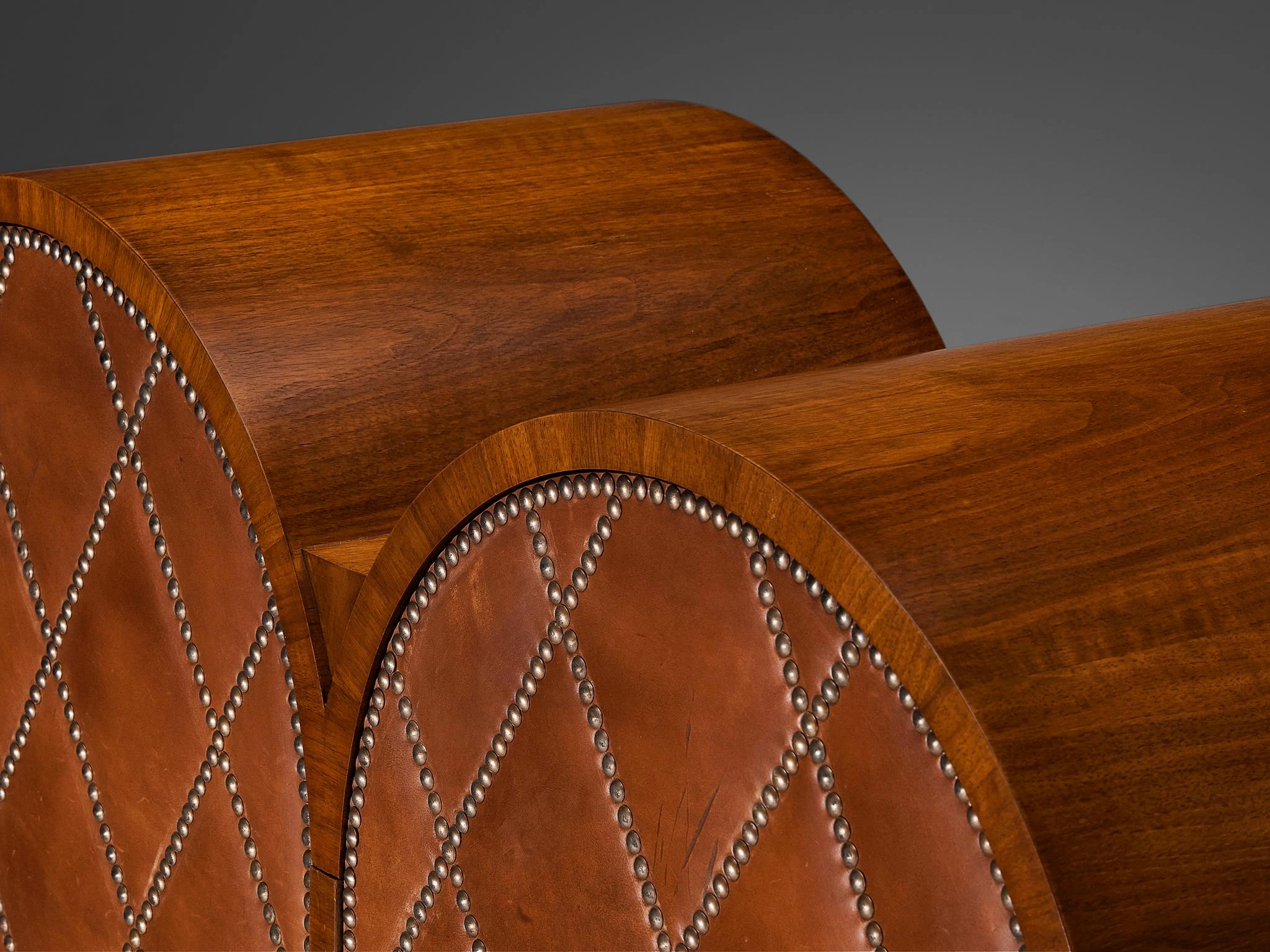 Rare Swedish Bar Cabinet in Walnut and Cognac Leather with Brass Nails
