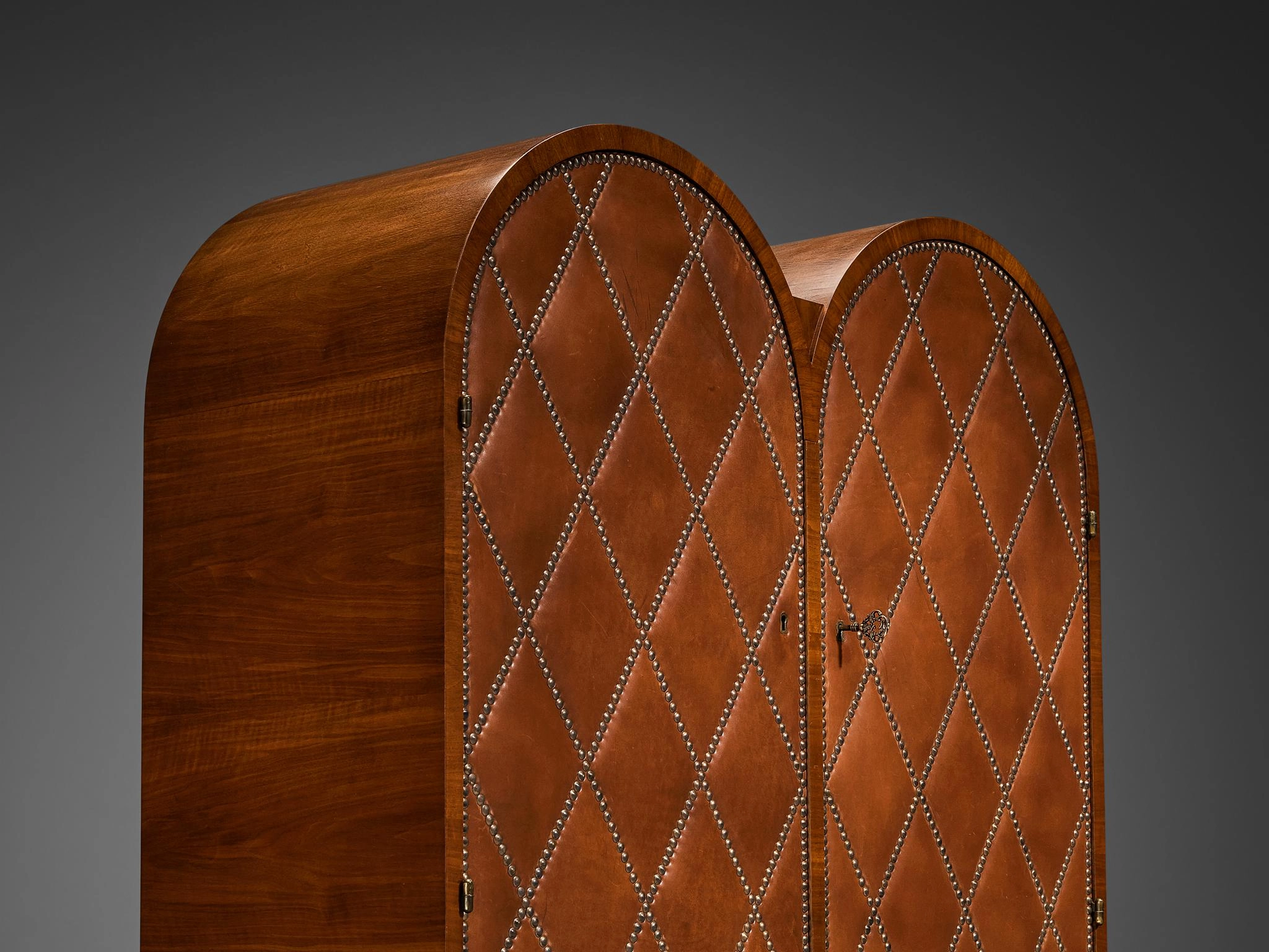Rare Swedish Bar Cabinet in Walnut and Cognac Leather with Brass Nails