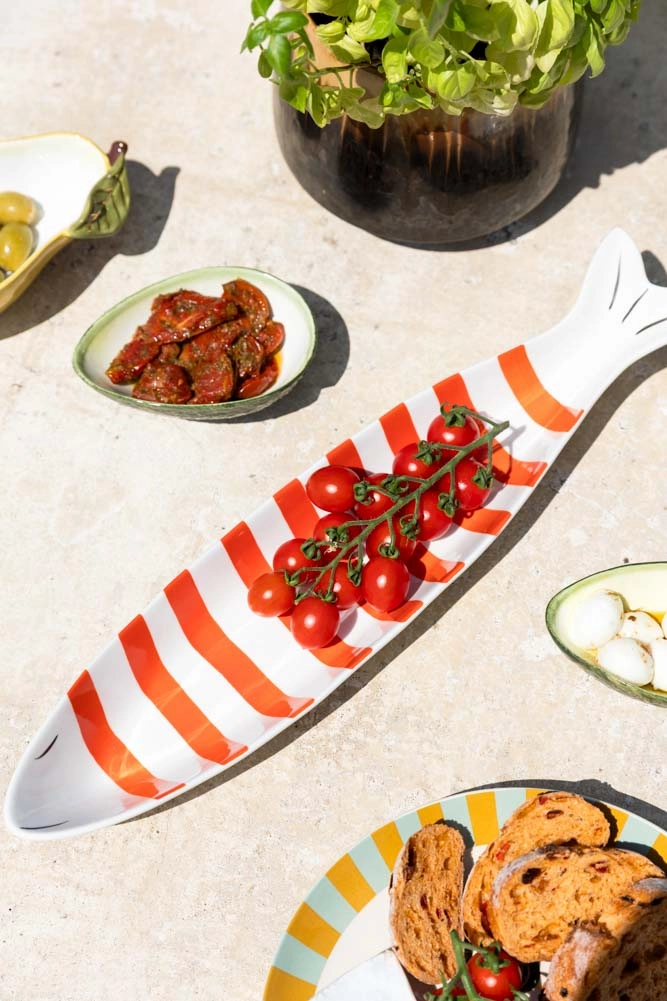 Red & White Fish-Shaped Ceramic Serving Dish