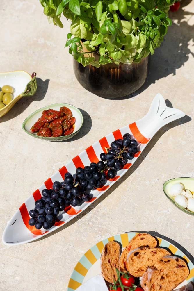 Red & White Fish-Shaped Ceramic Serving Dish