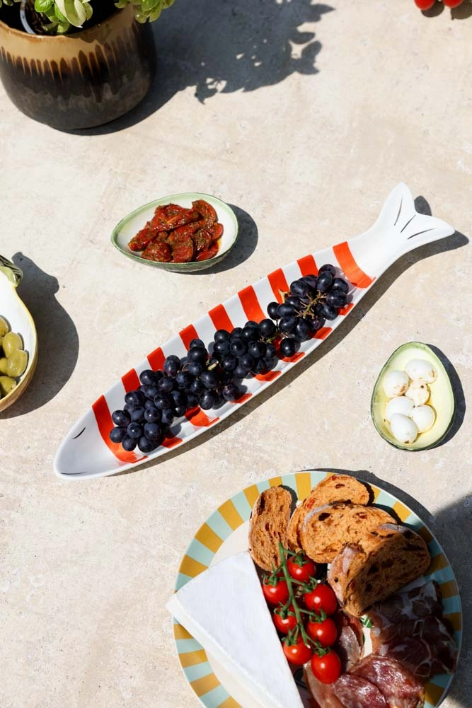 Red & White Fish-Shaped Ceramic Serving Dish