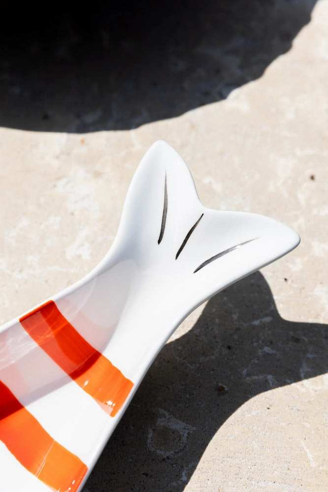 Red & White Fish-Shaped Ceramic Serving Dish
