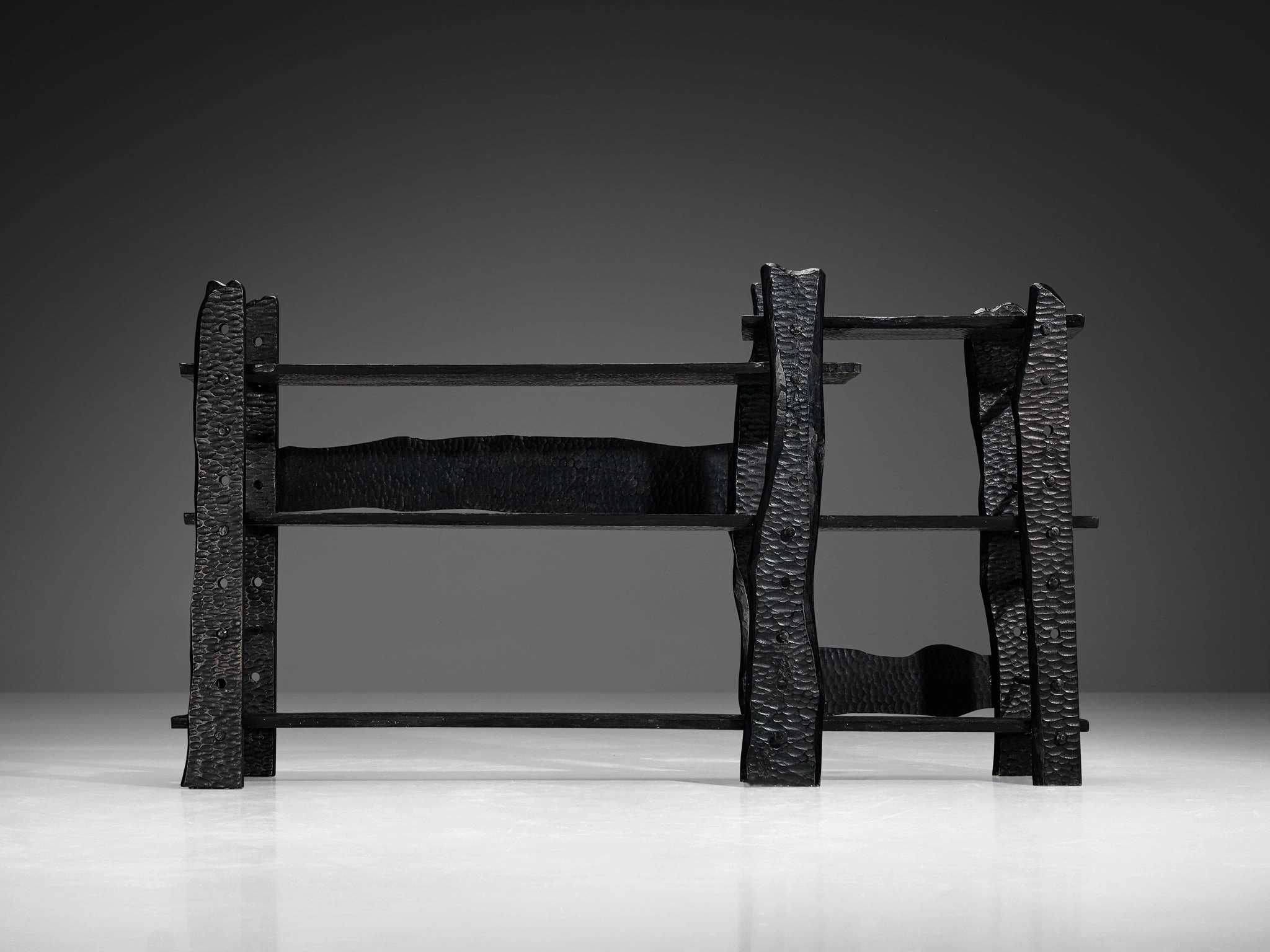 Sculptural Bookcase in Black Lacquered Wood with Decorative Carvings