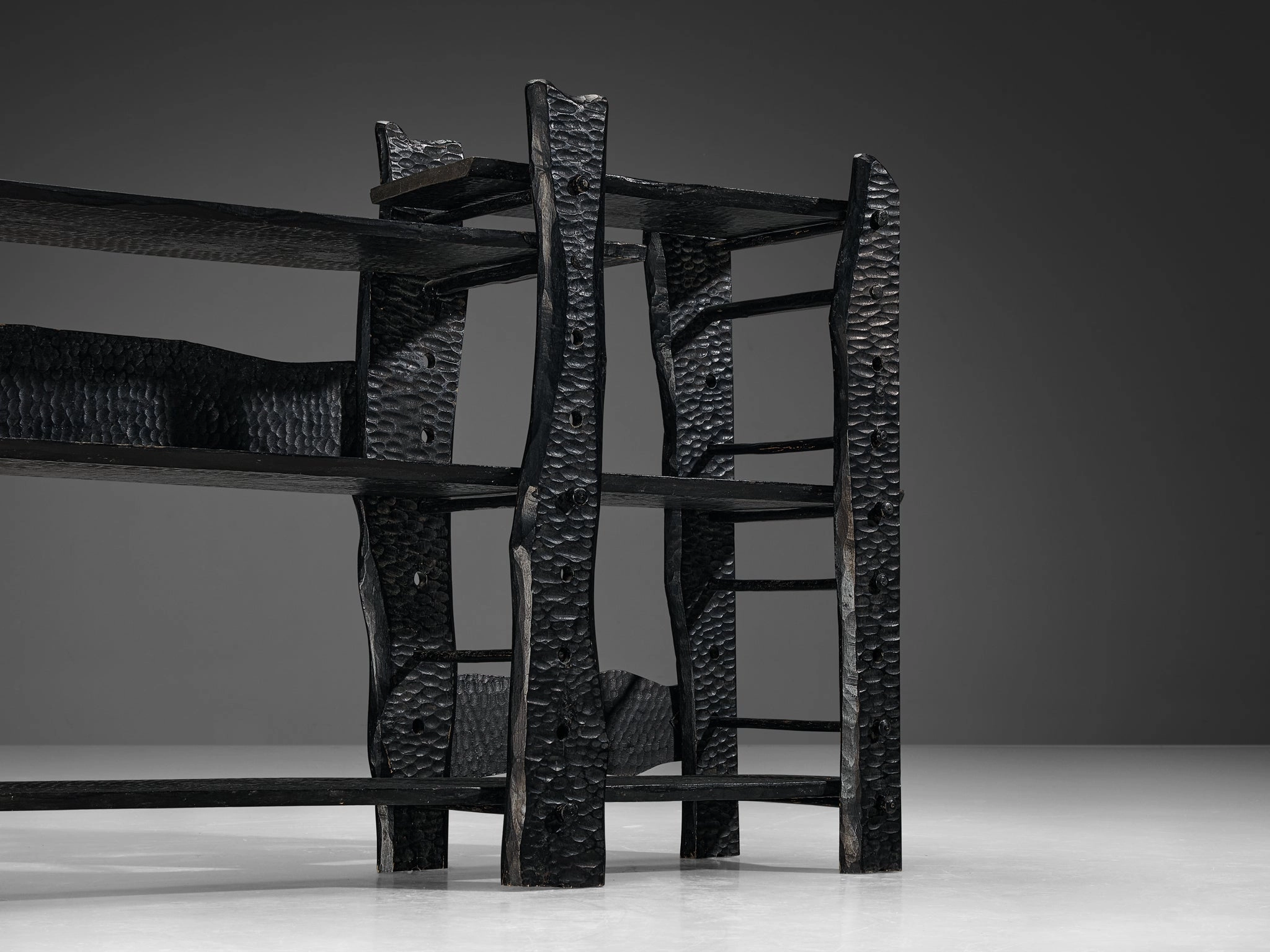 Sculptural Bookcase in Black Lacquered Wood with Decorative Carvings