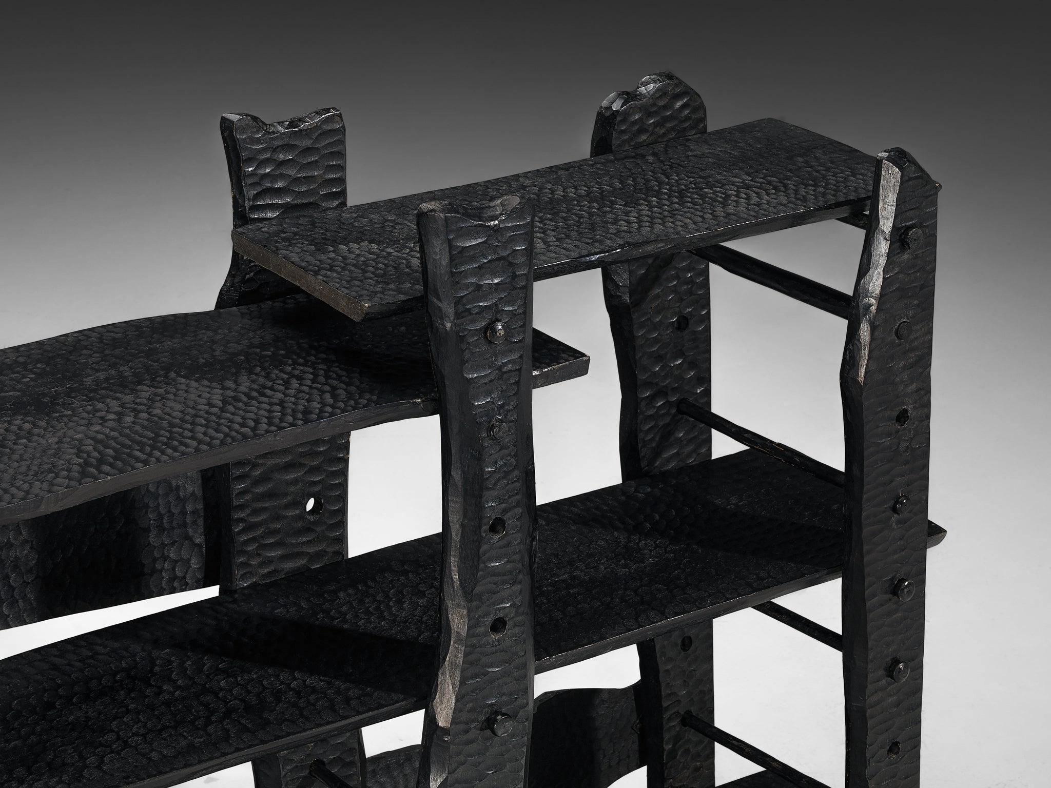 Sculptural Bookcase in Black Lacquered Wood with Decorative Carvings