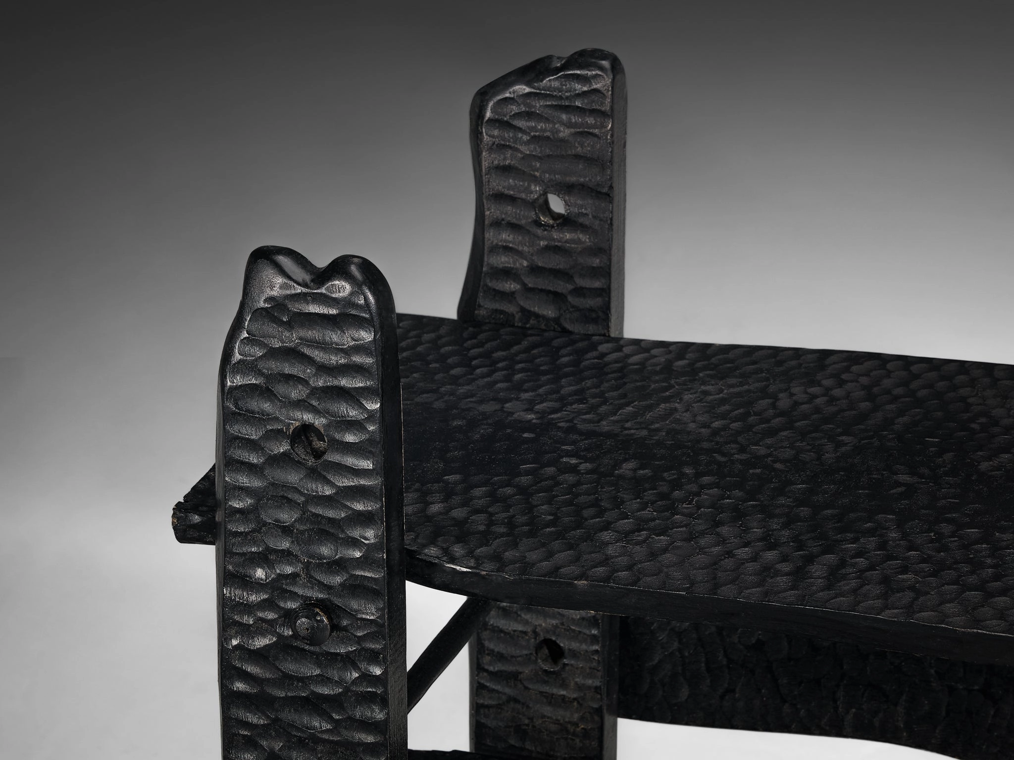 Sculptural Bookcase in Black Lacquered Wood with Decorative Carvings