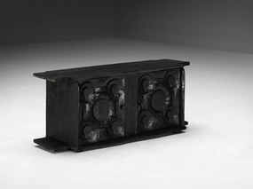 Sculptural Trunk in Black Lacquered Wood with Decorative Carvings storage cabinet,organizer,furniture storage