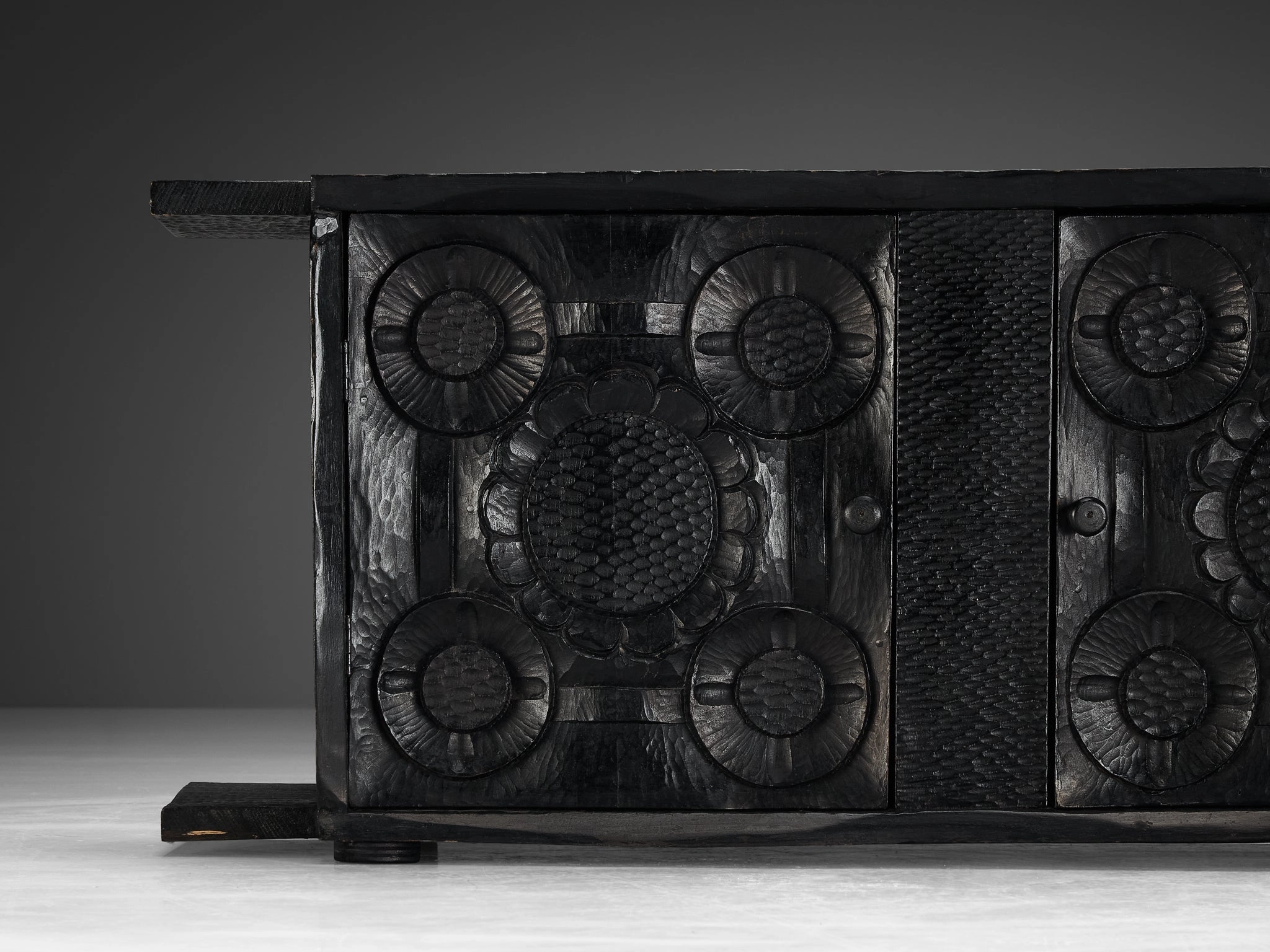 Sculptural Trunk in Black Lacquered Wood with Decorative Carvings