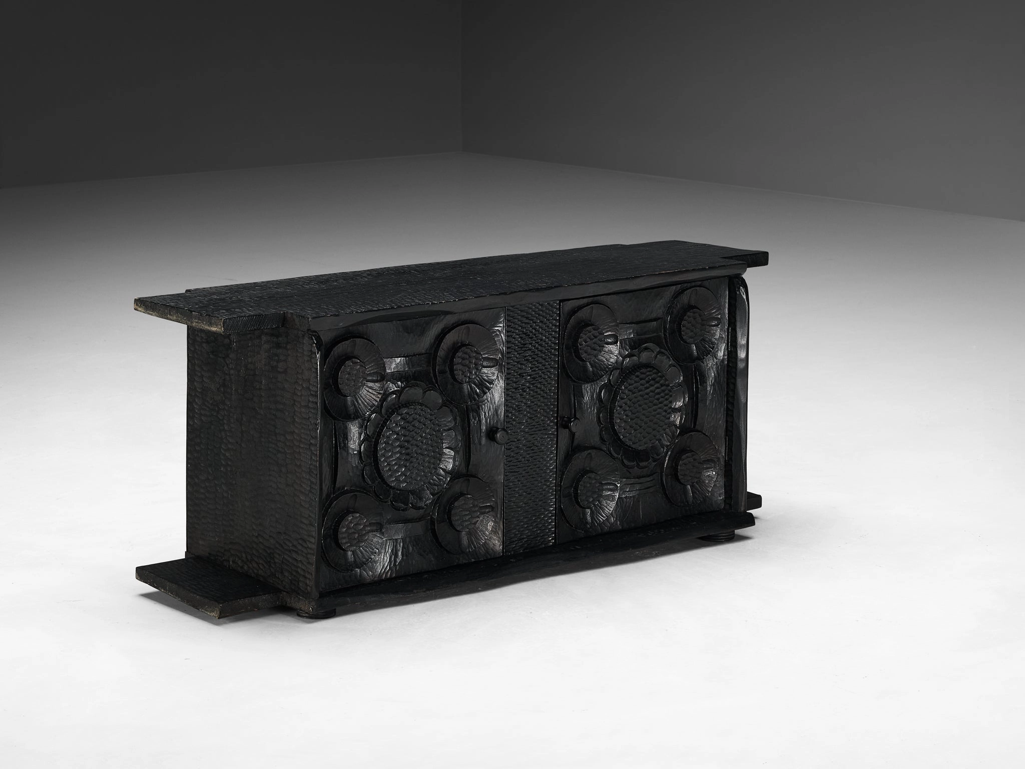 Sculptural Trunk in Black Lacquered Wood with Decorative Carvings storage cabinet,organizer,furniture storage