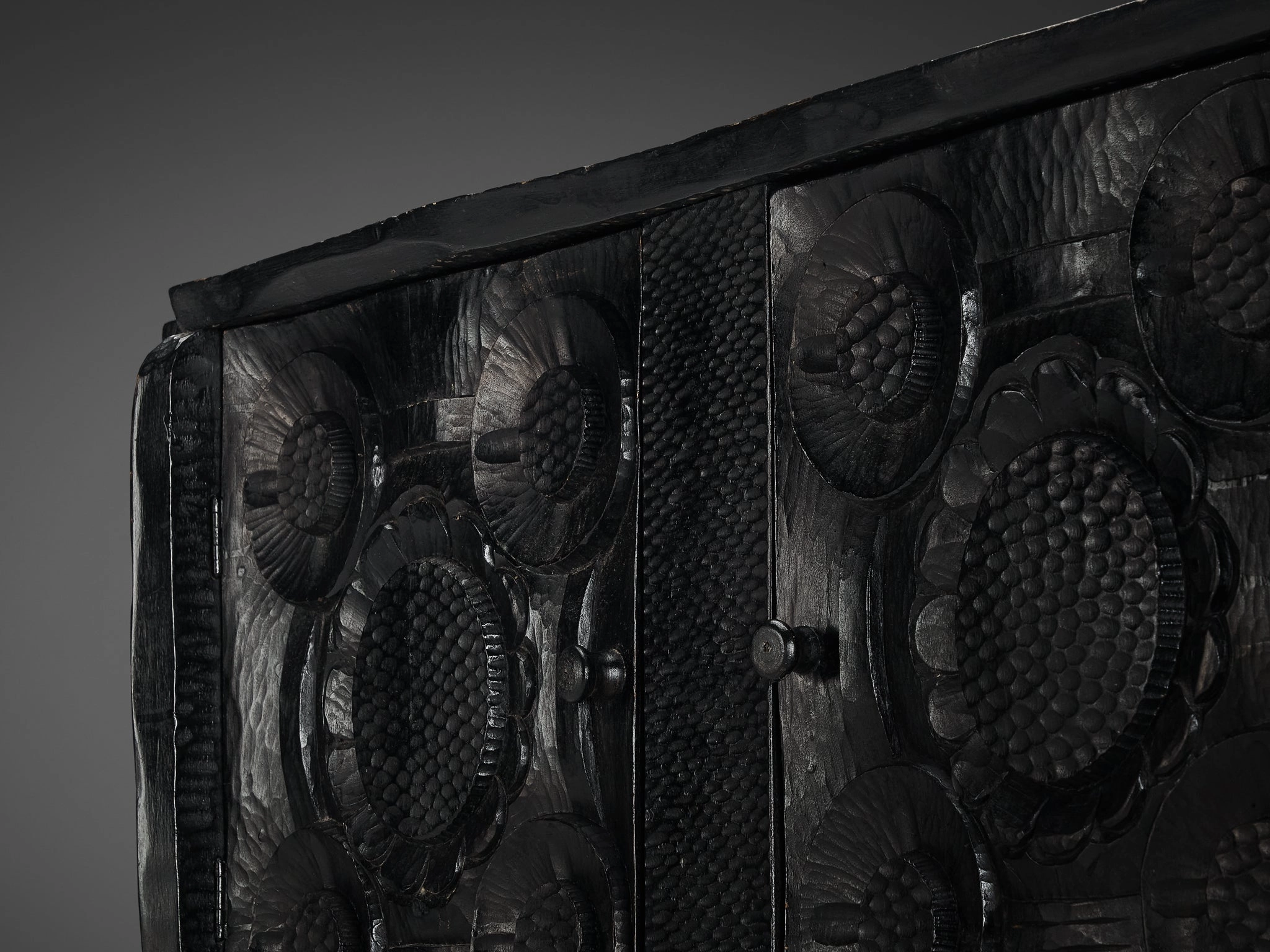 Sculptural Trunk in Black Lacquered Wood with Decorative Carvings