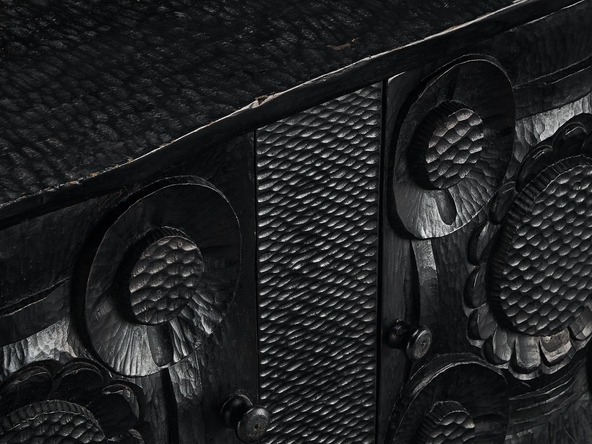 Sculptural Trunk in Black Lacquered Wood with Decorative Carvings