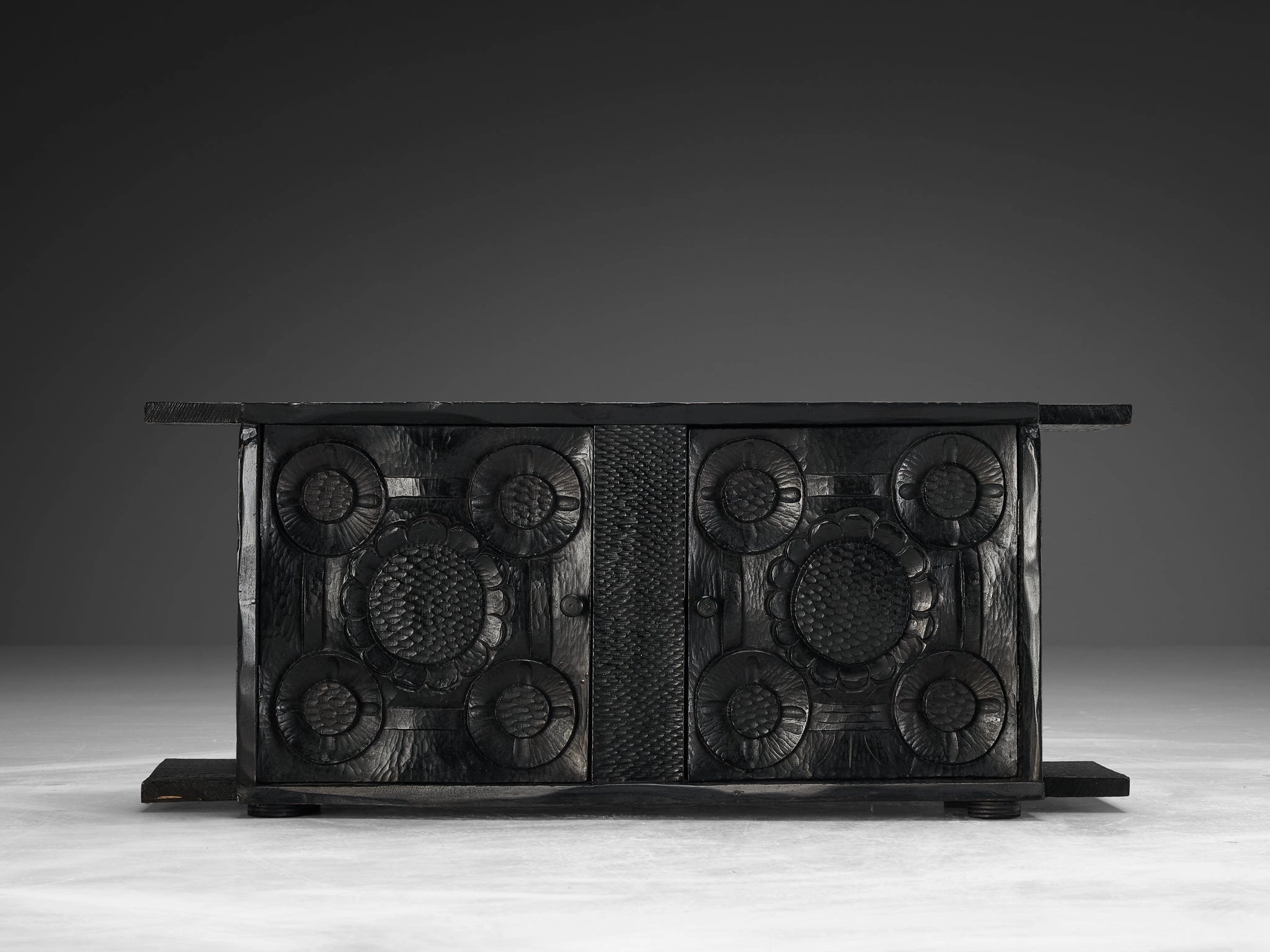 Sculptural Trunk in Black Lacquered Wood with Decorative Carvings