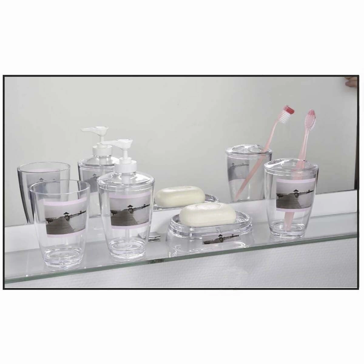 Seaside Clear Toothbrush Holder Stand for Bathroom Vanity Countertop - White,Gray,Pink - 3" L x 3" W x 4.8" H